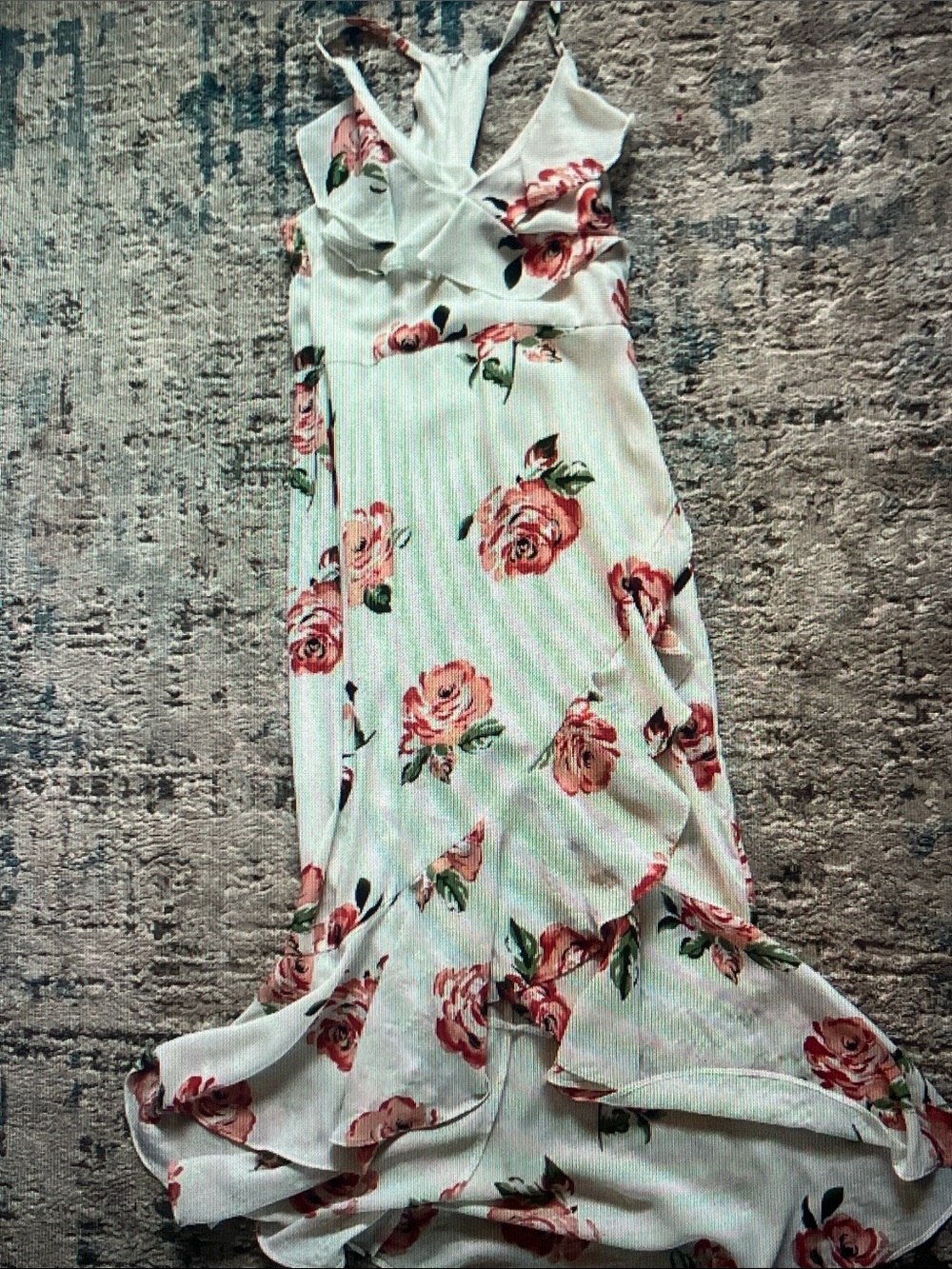 White Maxi Dress with Pink Rose Print and Green Leaves